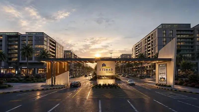 Illustrative rendering of the gated entrance, from the Etihad Town Phase 4 brochure